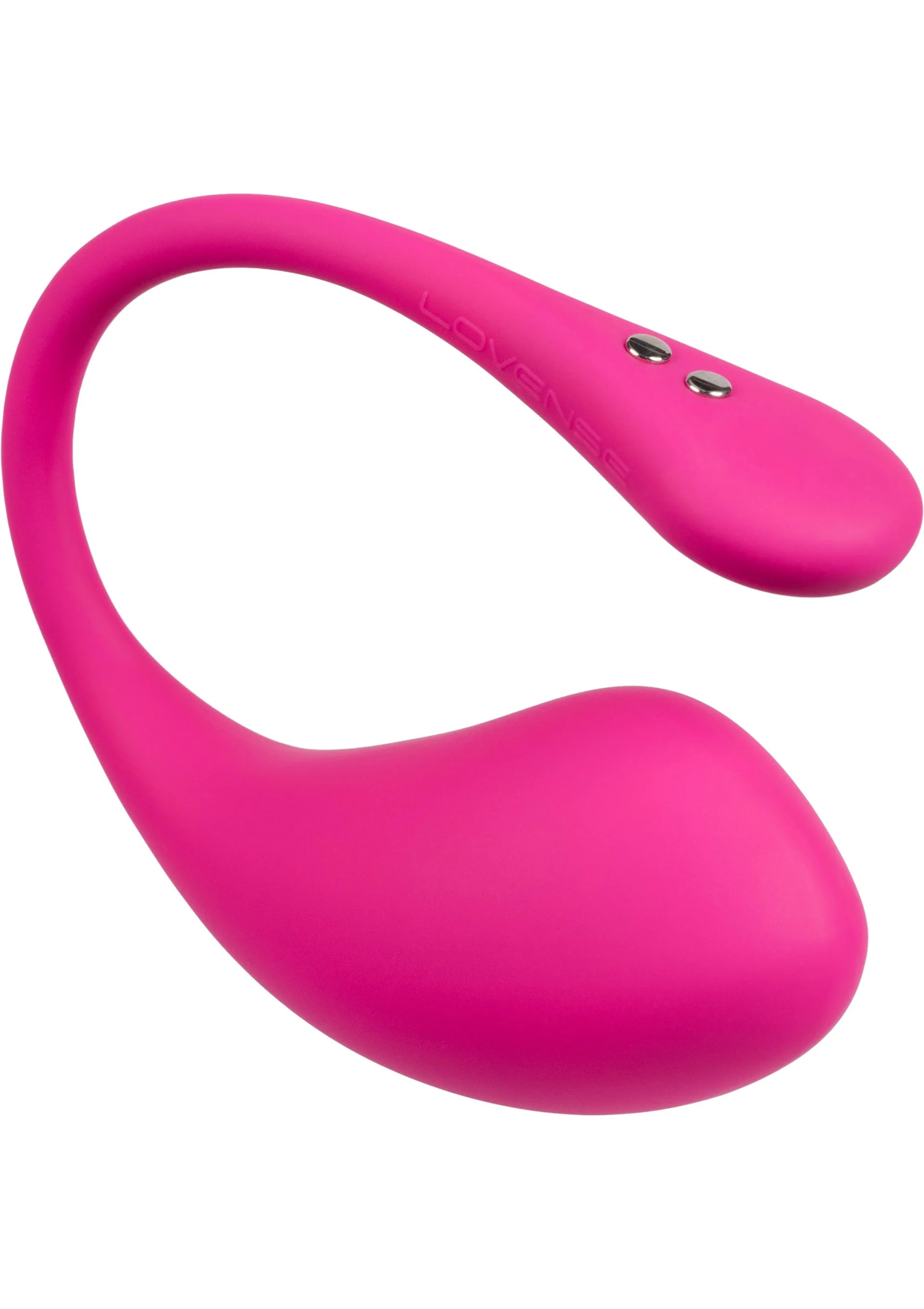 Roze eivibrator met gebogen hals en ovale uiteinden, met kleine knoppen op het handvat.