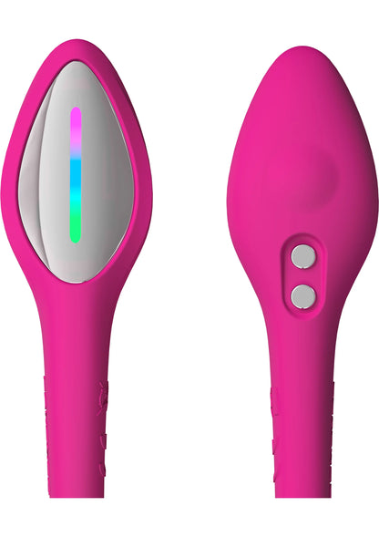 Lovense Lush 4: roze ovale bedieningskop en achterkant met twee knoppen