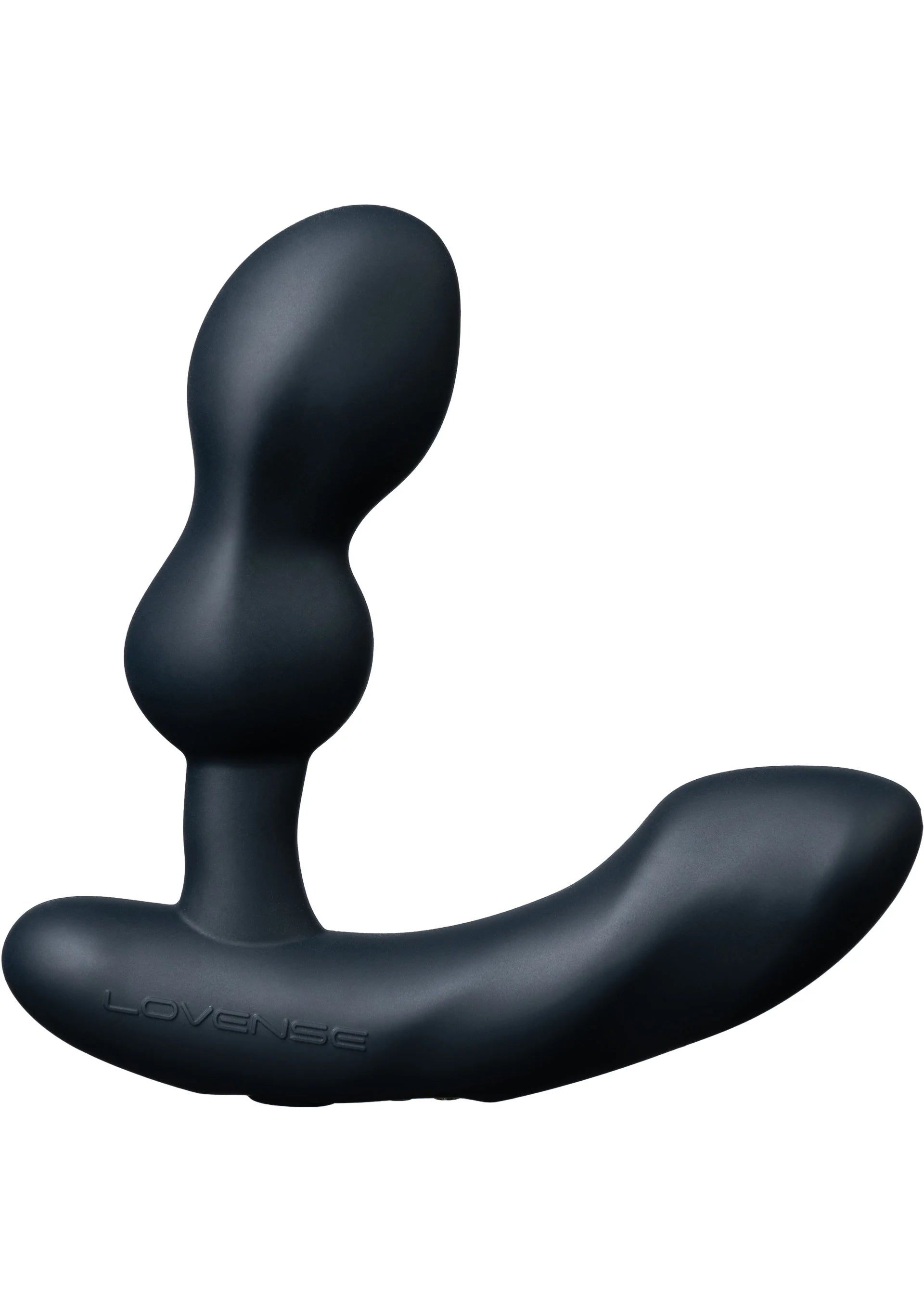 Anale massager donkergrijs/zwart met brede gebogen vorm en rond opzetstuk