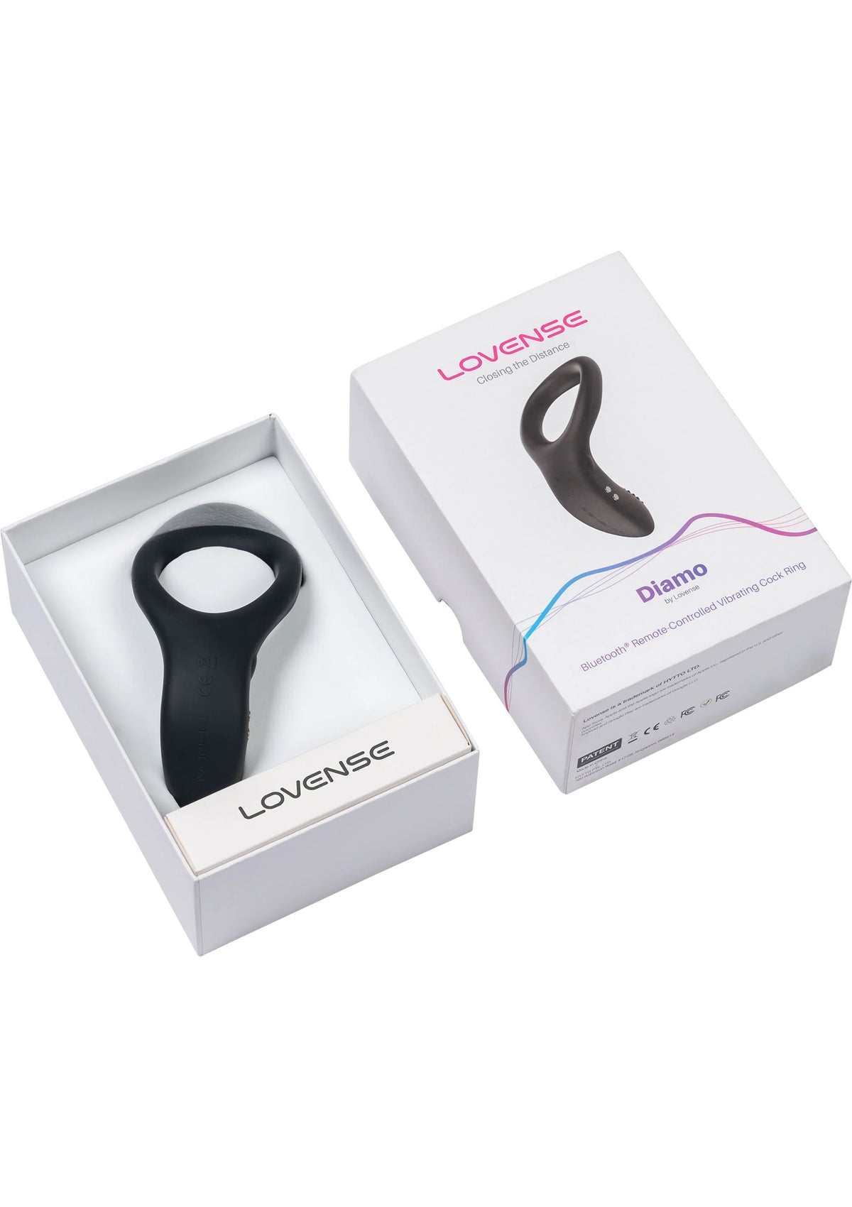 Vibrerende cockring Diamo van Lovesense in doos, zwarte siliconen ring