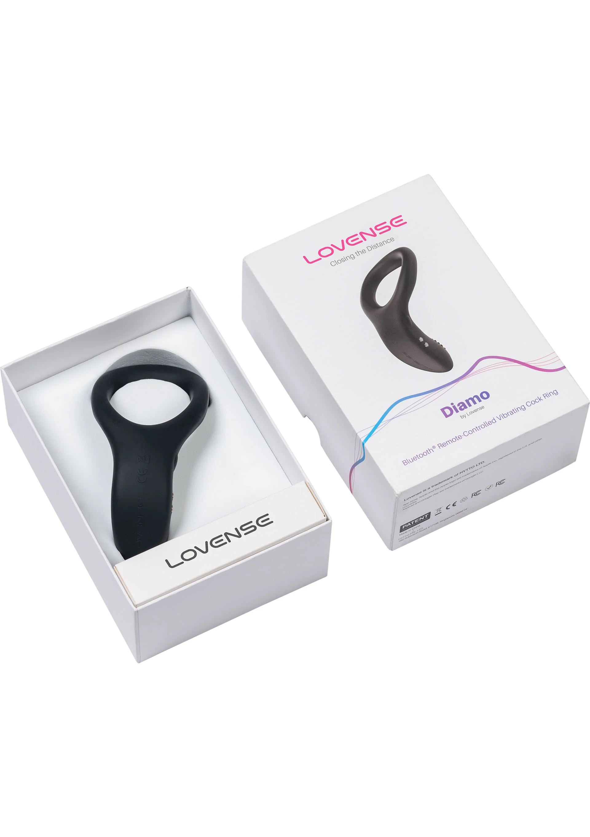 Vibrerende cockring Diamo van Lovesense in doos, zwarte siliconen ring