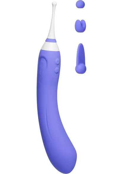 Blauwe Hyphy-vibrator met witte kop en bedieningsknoppen, gebogen slanke vorm.