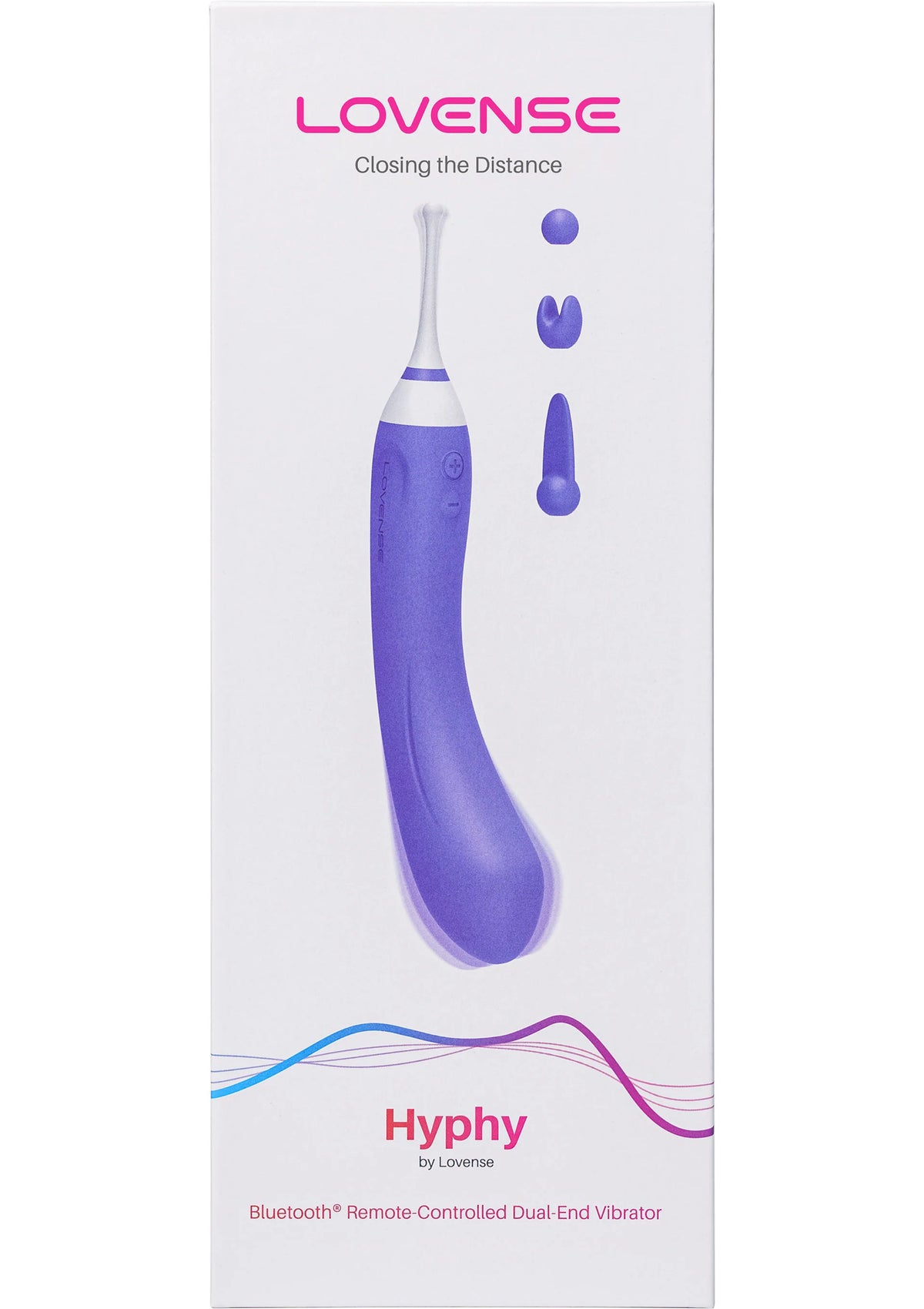 Hyphy-vibrator doos met Lovesense-merk en afbeelding van de blauwe, gebogen vibrator.