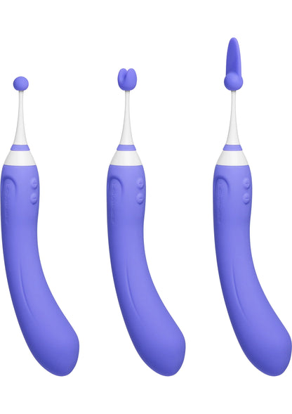 Set van drie blauwe Hyphy-vibrators met witte kop en gestreepte ring, naast elkaar.