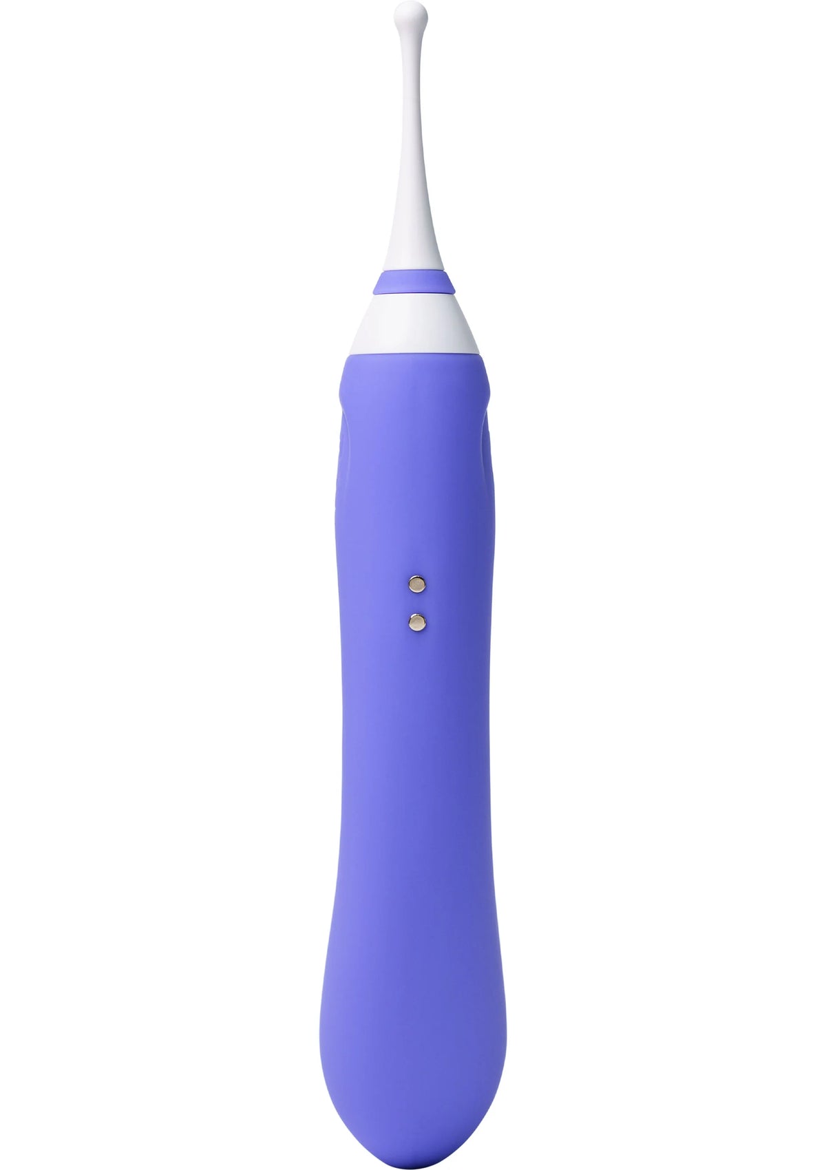 Blauwe Hyphy-vibrator van voren, met witte kop en kleine gouden knoppen op de behuizing.