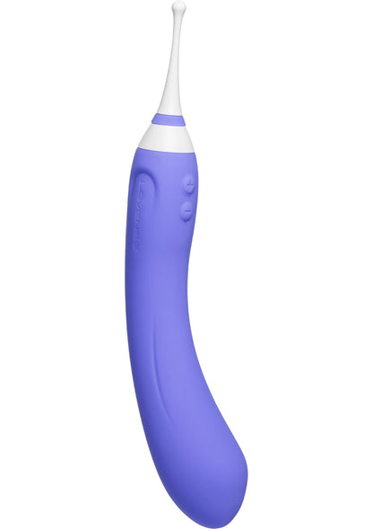 Blauwe Hyphy-vibrator in zijaanzicht, witte kop met gestreepte ring en reliëfbediening.