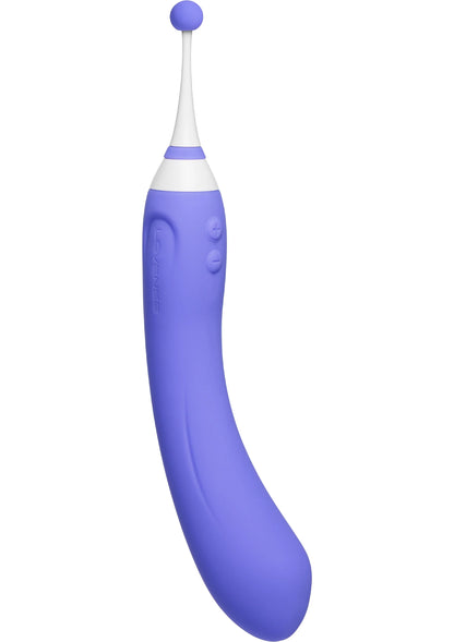 Blauwe Hyphy-vibrator rechtop, met witte kop en gestreepte ring bovenaan.
