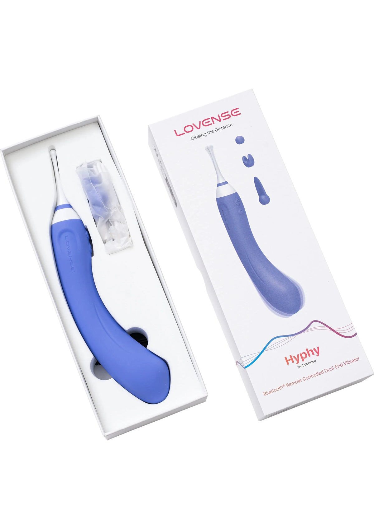 Hyphy-vibrator in verpakking: blauwe vibrator in doos naast losse productverpakking.