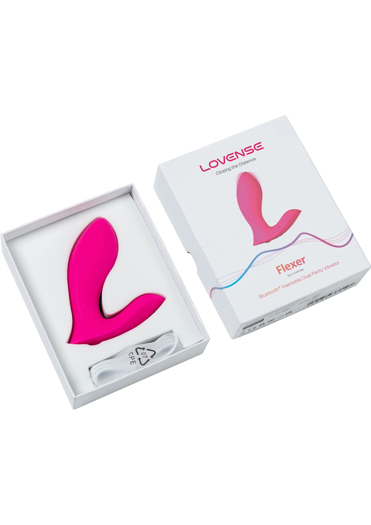 Roze vibrator in open doos met witte verpakking en logo