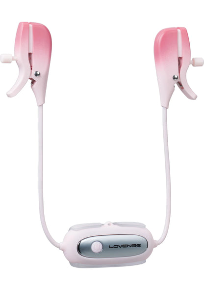 Roze nippelklemmen met bedienunit en twee kabels, frontaanzicht
