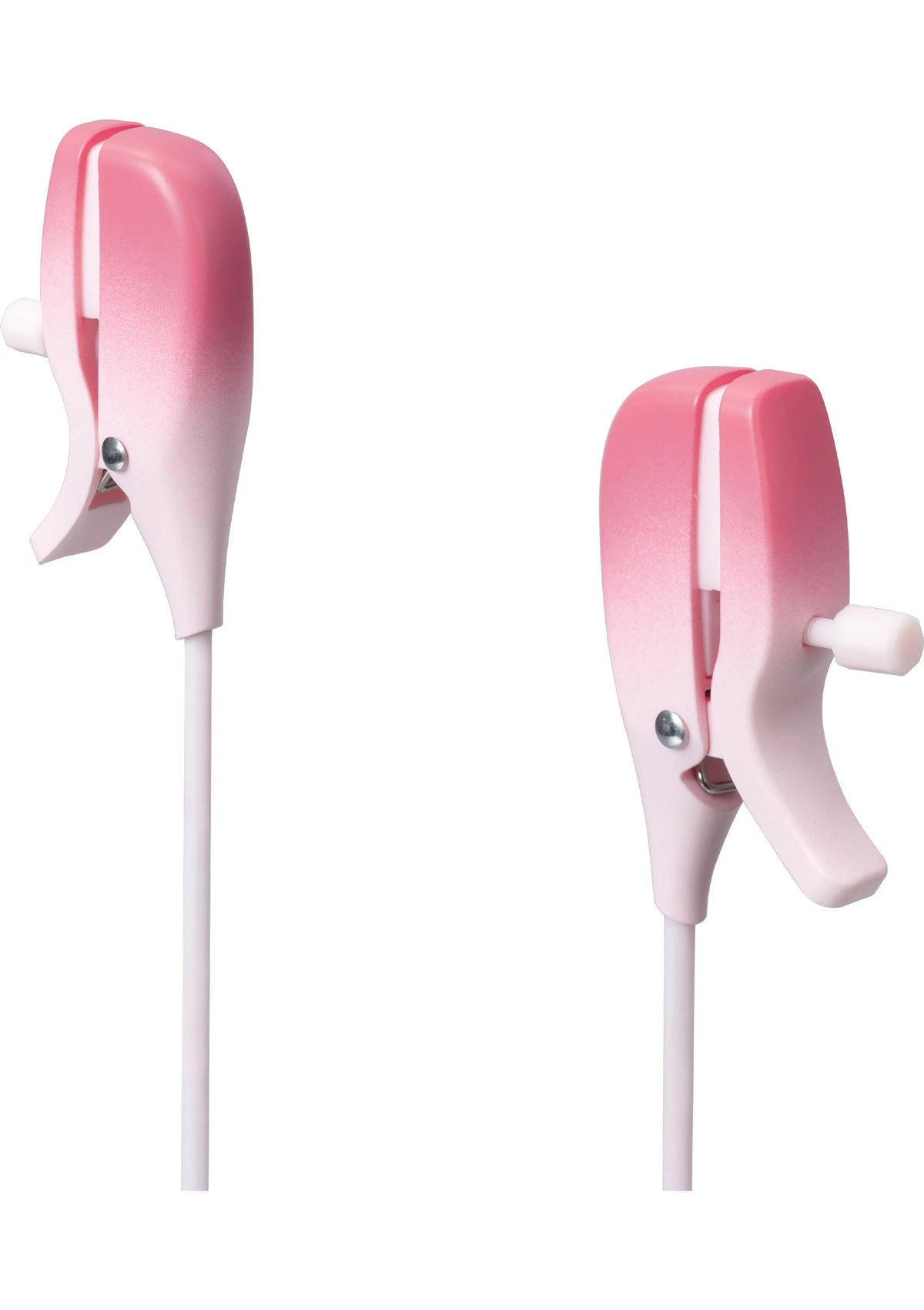 Roze nippelklemmen met ronde klemkoppen en witte verbindingskabels