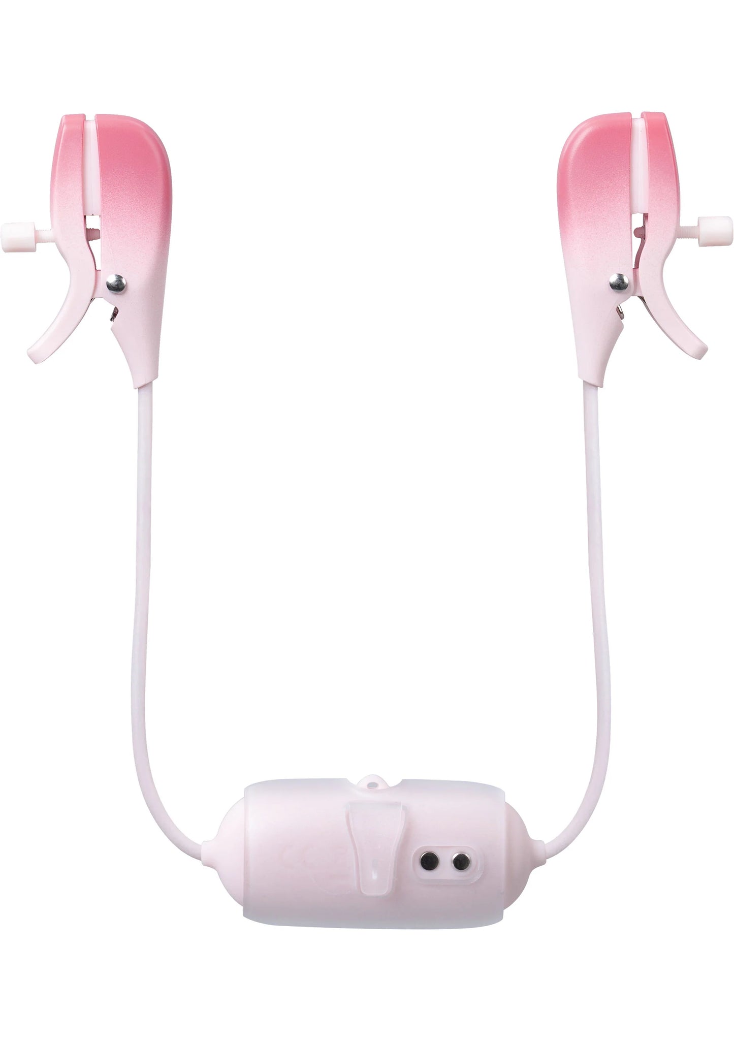 Roze nippelklemmen met bedienunit en twee witte kabels, onderaanzicht