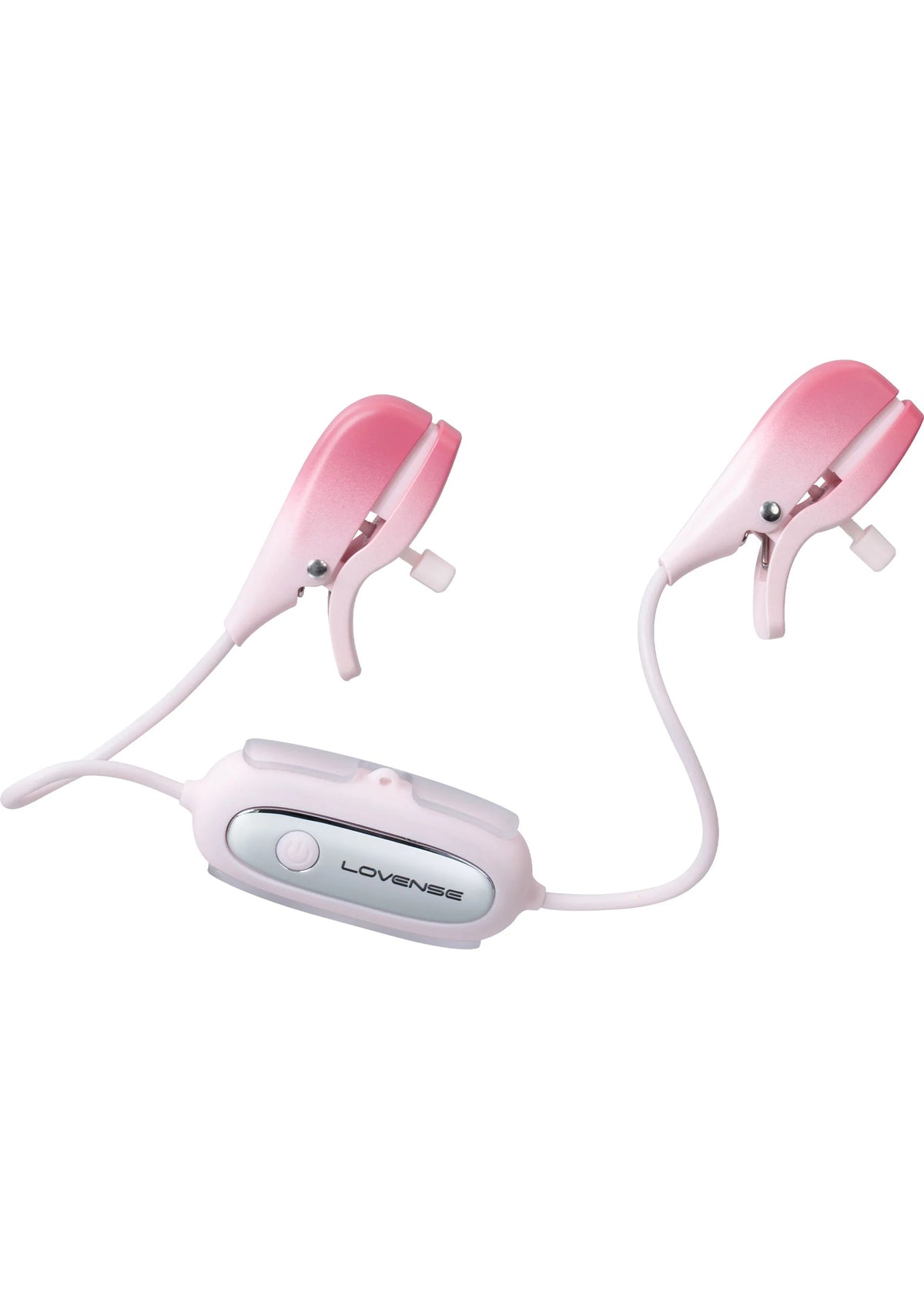 Roze nippelklemmen met bedienunit en twee kabels in diagonale opstelling