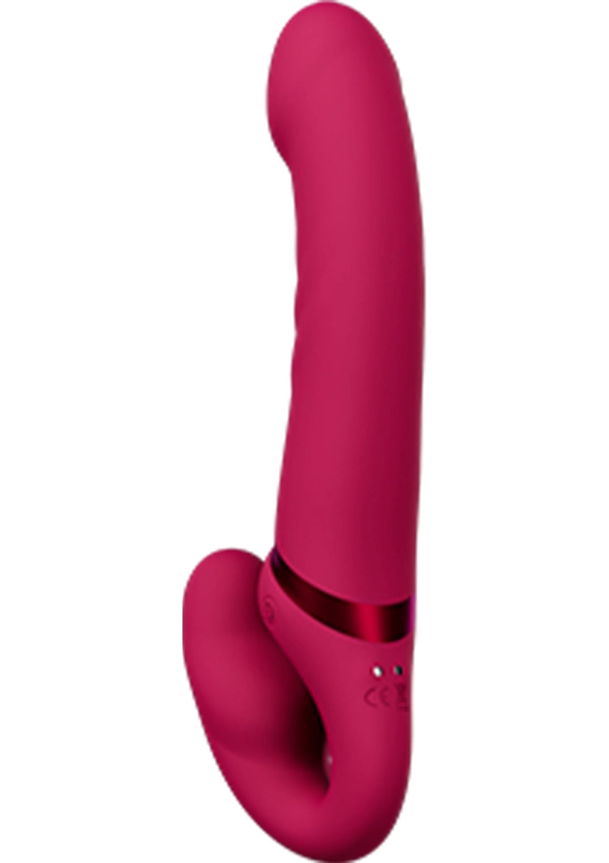 Roze Lapis dubbel dildo, staande weergave met brede ringbasis en afgeronde top.