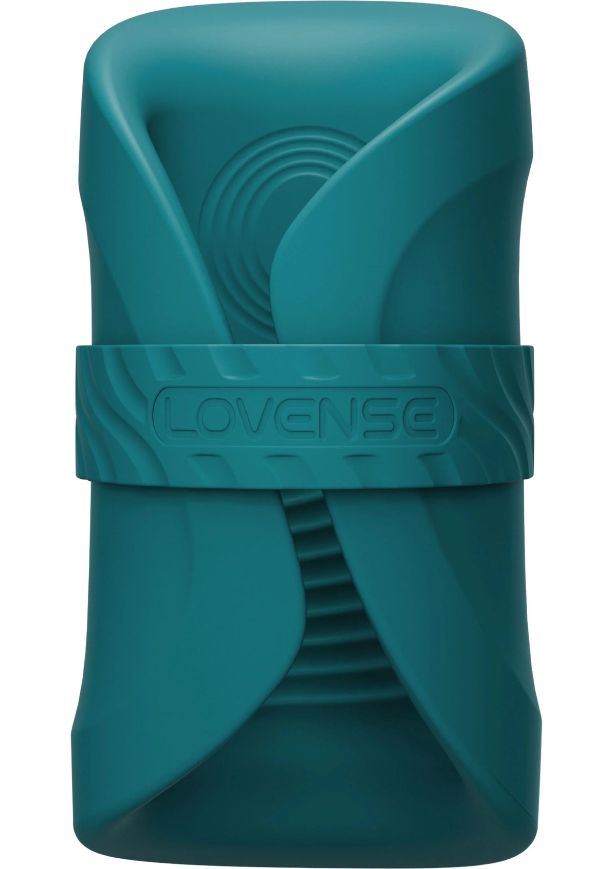 Teal intieme massager, close-up met LOVENSE-band en ingeslepen ribbels