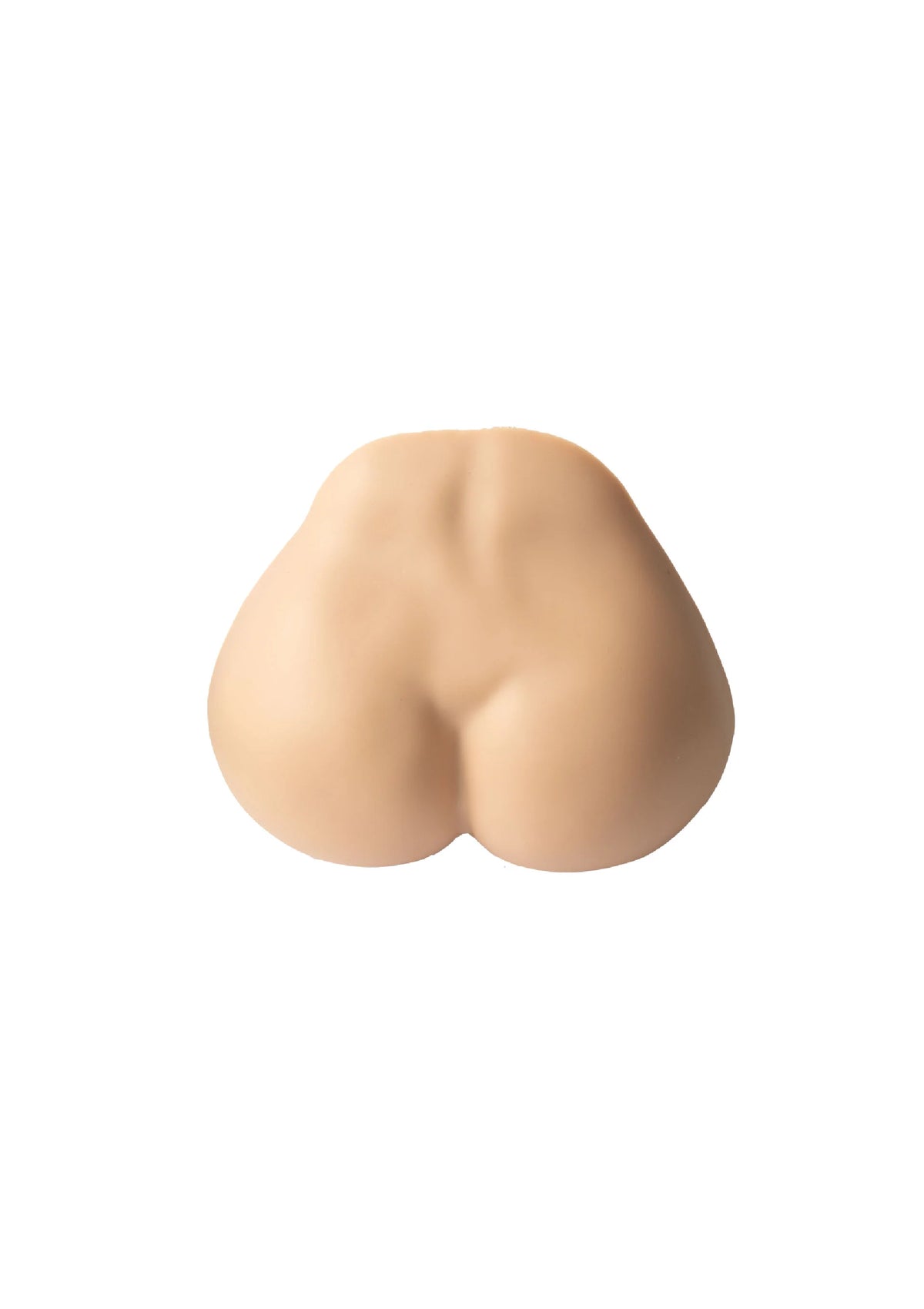 Beige siliconen anale masturbator, achteraanzicht met ronde billen en centrale plooi