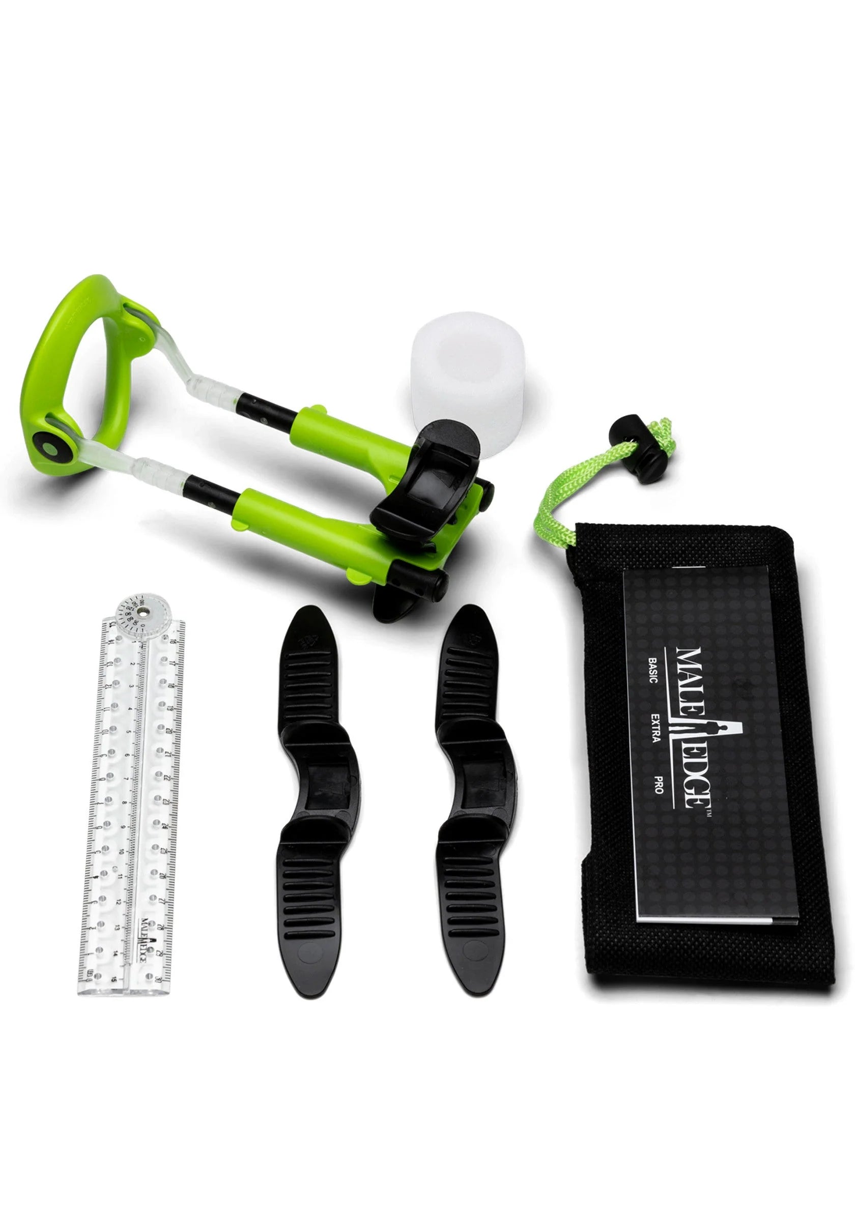 Male Edge vergrootkit set met groene tool, liniaal, straps en zwart etui