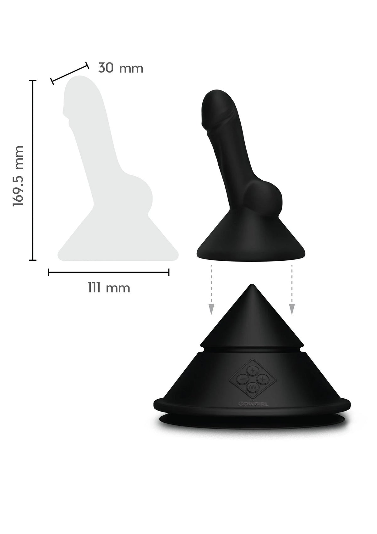 Zwarte siliconen kegelattachment met lange steel en afgeronde basis