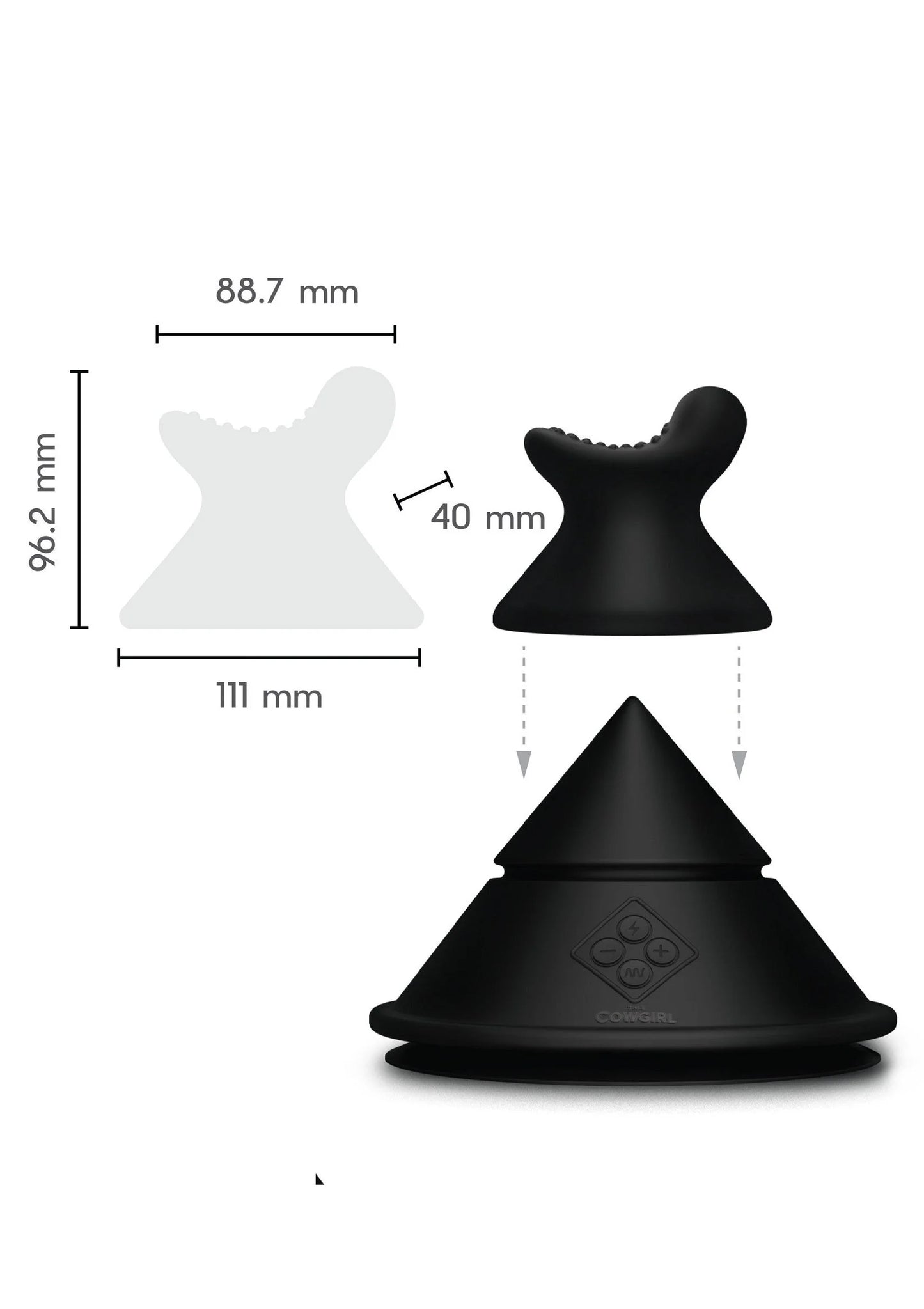 Zwarte siliconen attachment met brede voet en opstaande gevormde top in schema