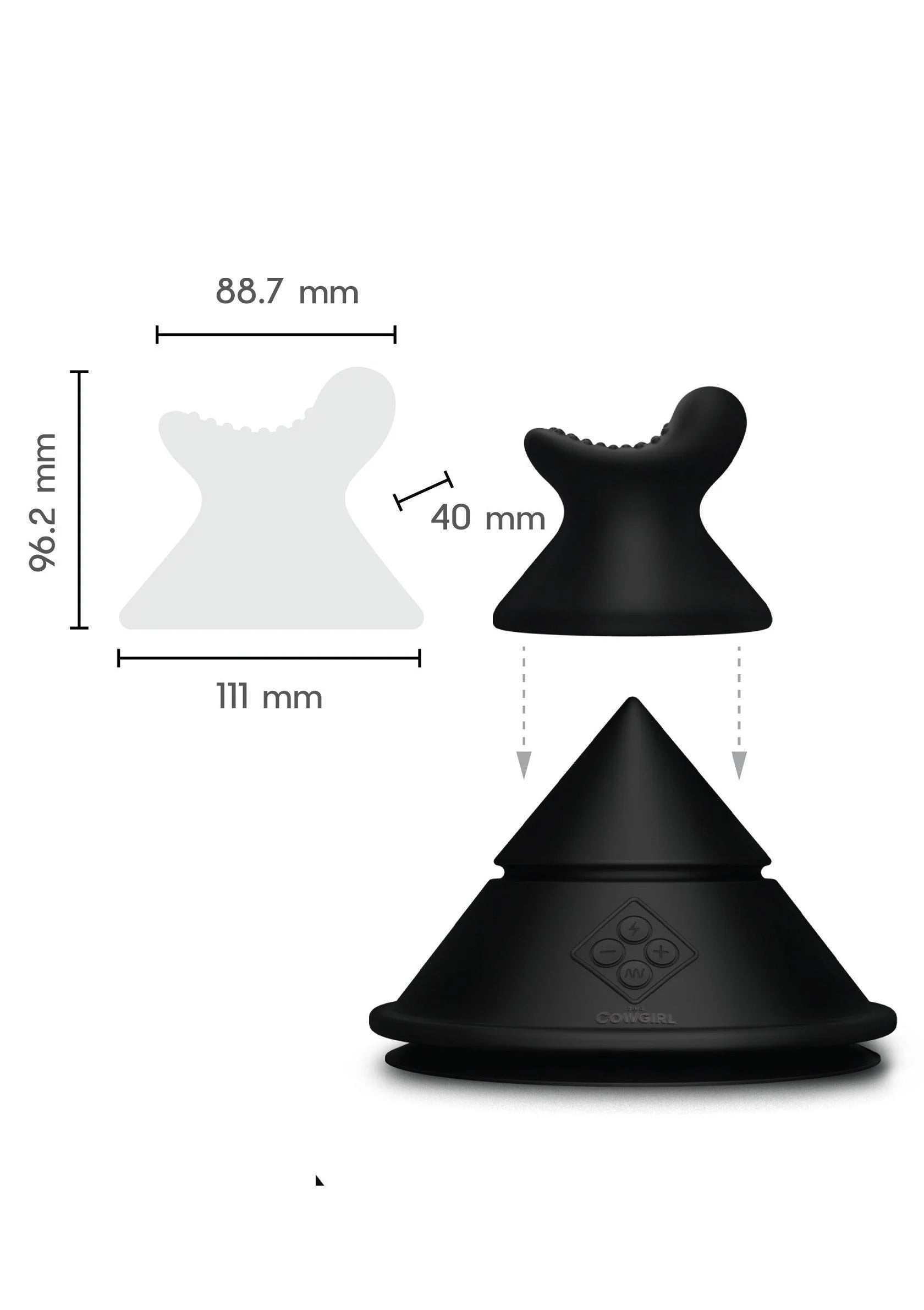 Zwarte siliconen attachment met brede voet en opstaande gevormde top in schema