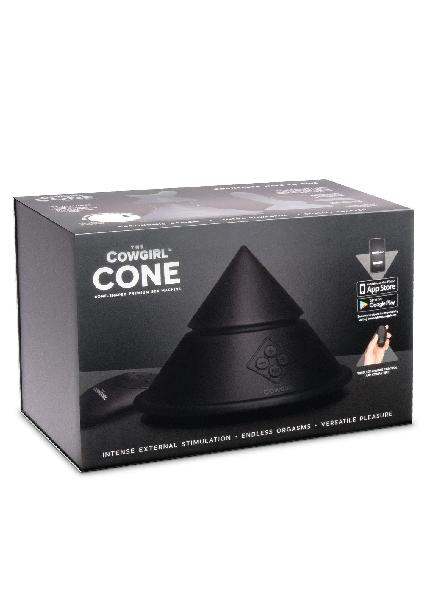 Zwarte Cowgirl Cone verpakking met kegel en tekst op de doos.