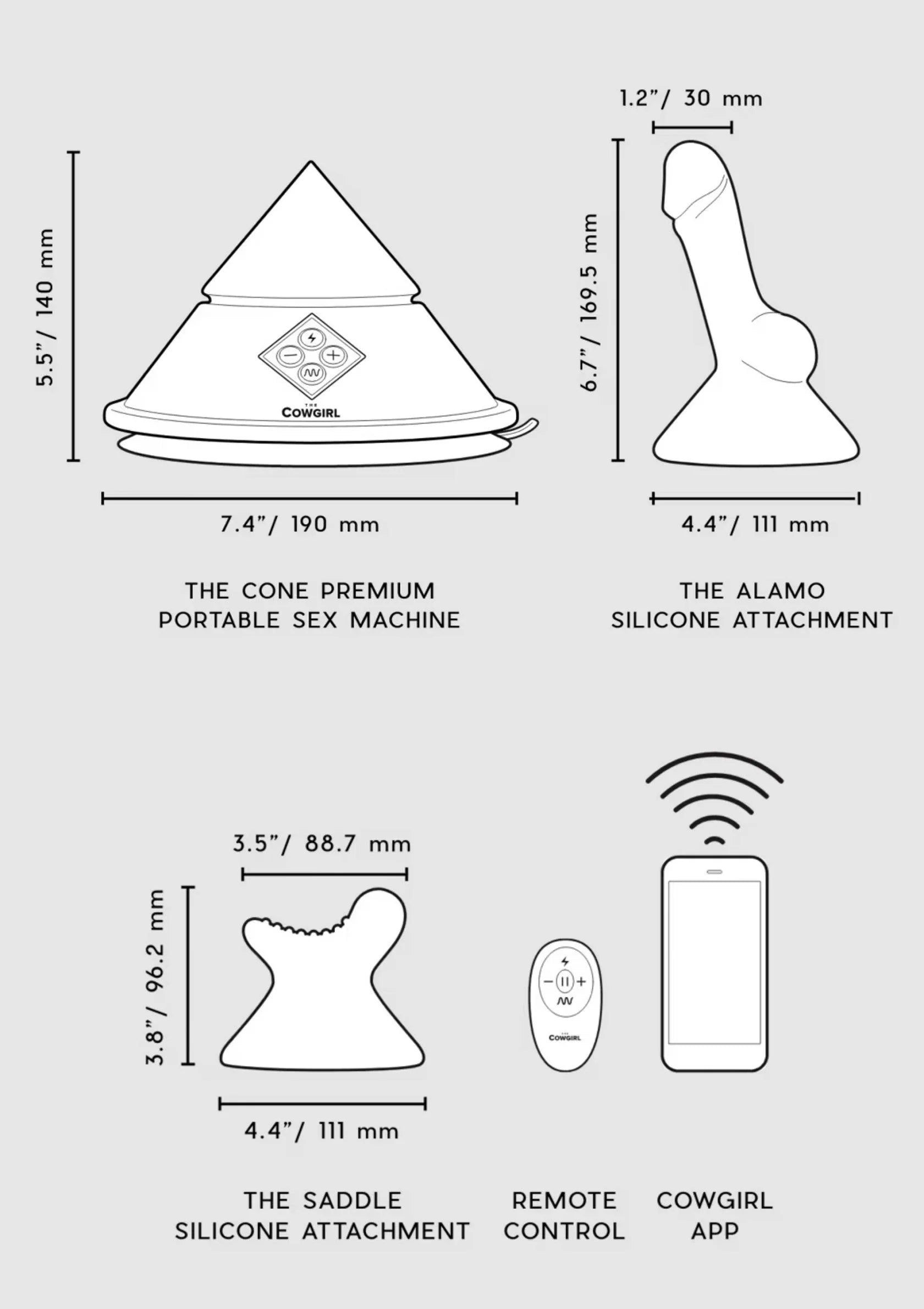 Witte infografiek met afmetingen en illustraties van attachment, afstandsbediening en app