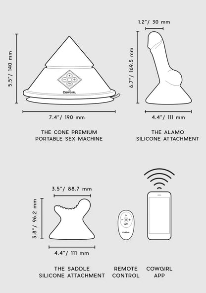 Witte infografiek met afmetingen en illustraties van attachment, afstandsbediening en app