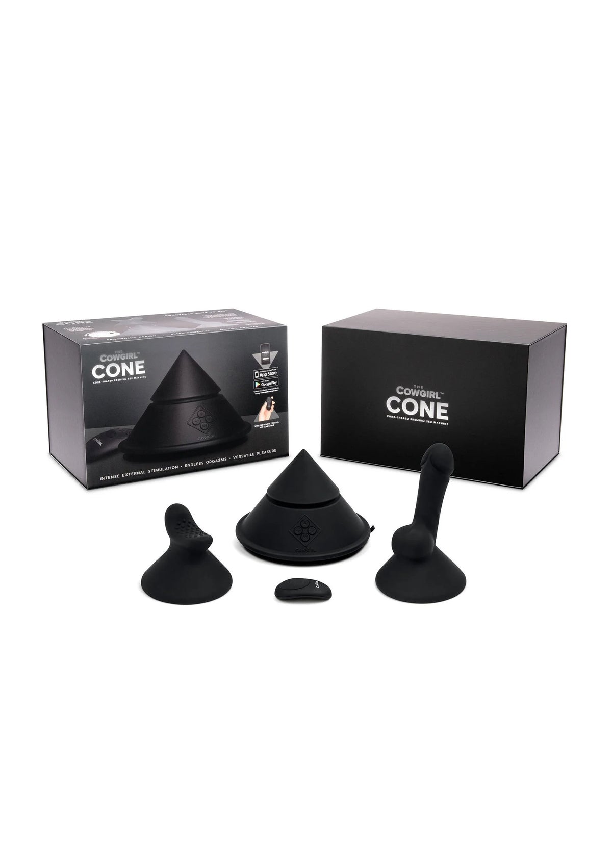 Zwarte siliconen set met kegel en twee attachments in verpakking
