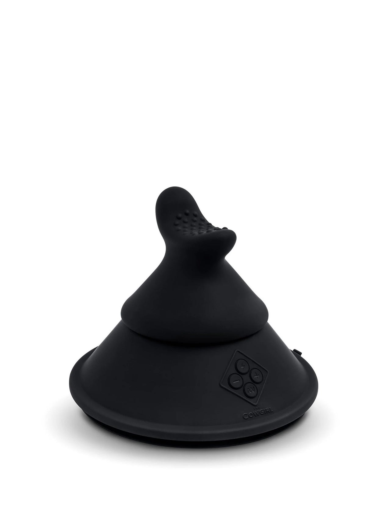 Zwarte siliconen kegelvormige attachment met afgeronde top en logo op basis