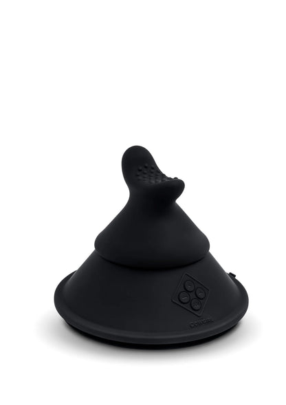 Zwarte siliconen kegelvormige attachment met afgeronde top en logo op basis