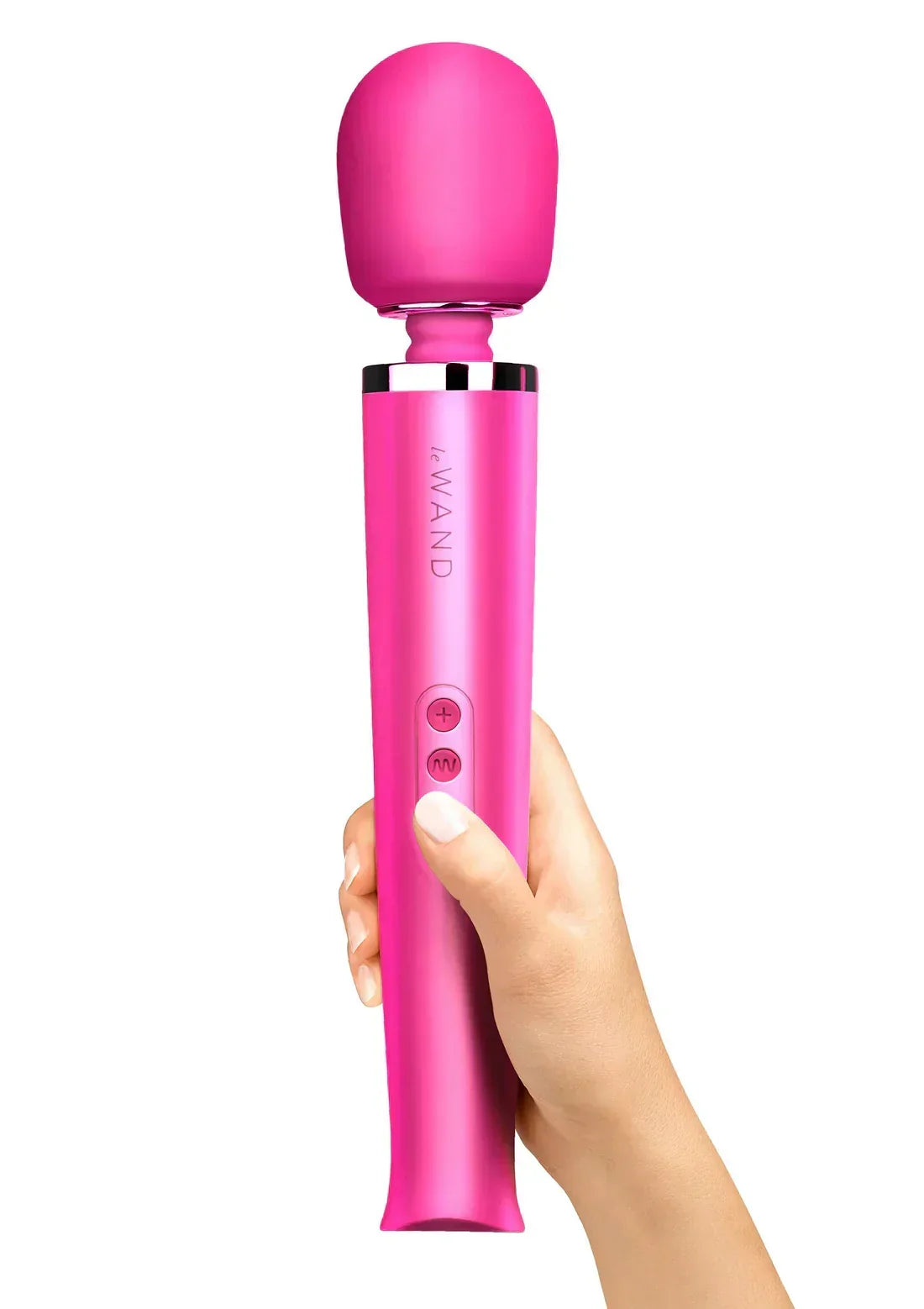 Oplaadbare massager van Le Wand, roze handvat met ronde massagekop en bedieningsknoppen