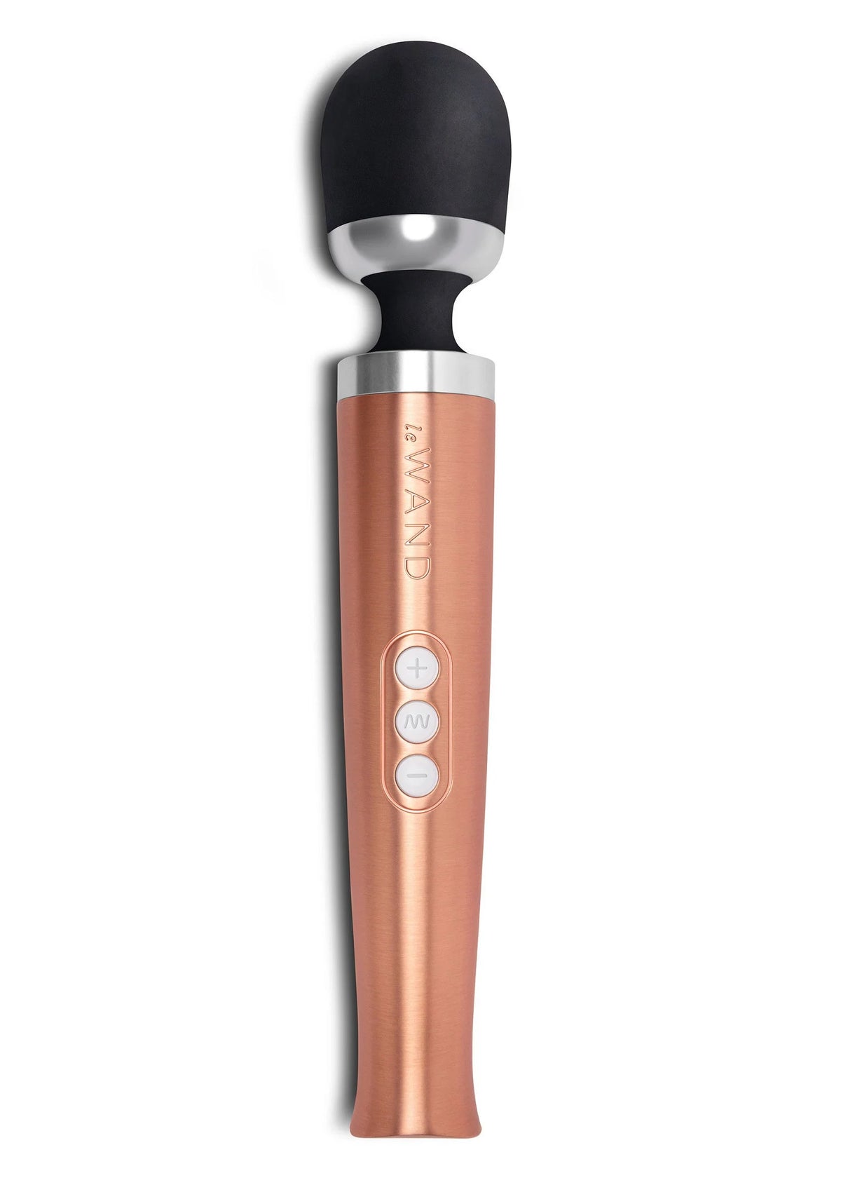 Le Wand vibrerende massager met zwarte kop en roségouden behuizing, ronde knoppen op paneel.