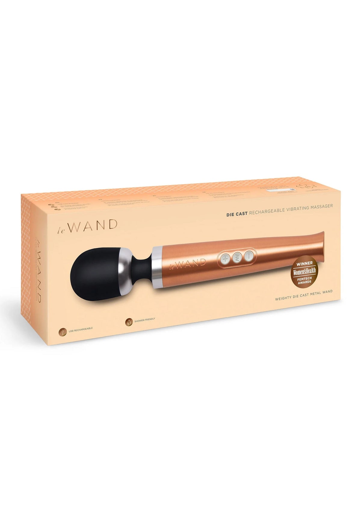 Verpakking van Le Wand vibrerende massager met zwarte kop en roségouden behuizing.
