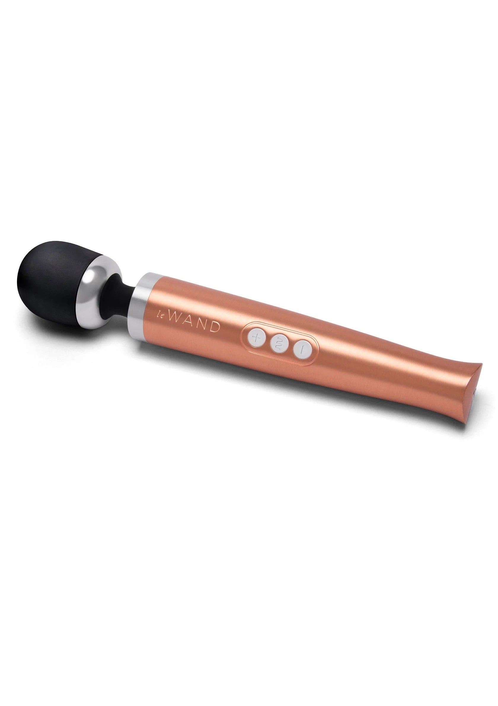 Le Wand vibrerende massager met zwarte kop en roségouden handgreep, bedieningsknoppen bovenaan.