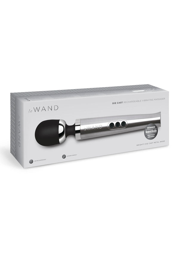 Le Wand vibrerende massager in verpakking, zilver met zwarte massagekop