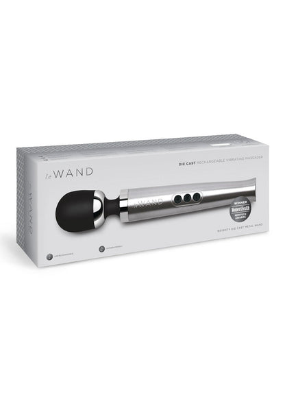 Le Wand vibrerende massager in verpakking, zilver met zwarte massagekop