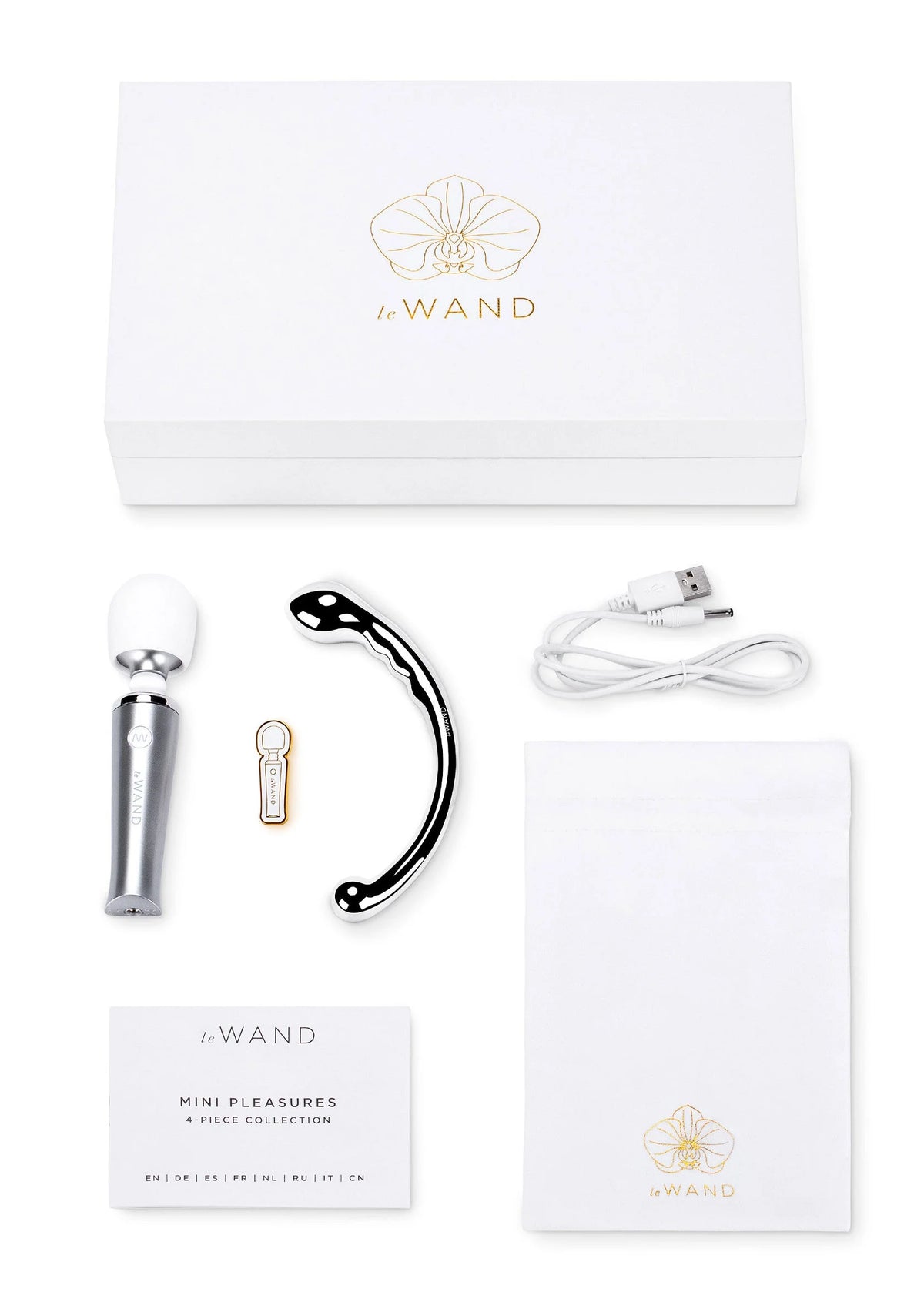 Mini pleasures set van LeWand met zilveren wand, zwarte boog, kabel en opbergtasje