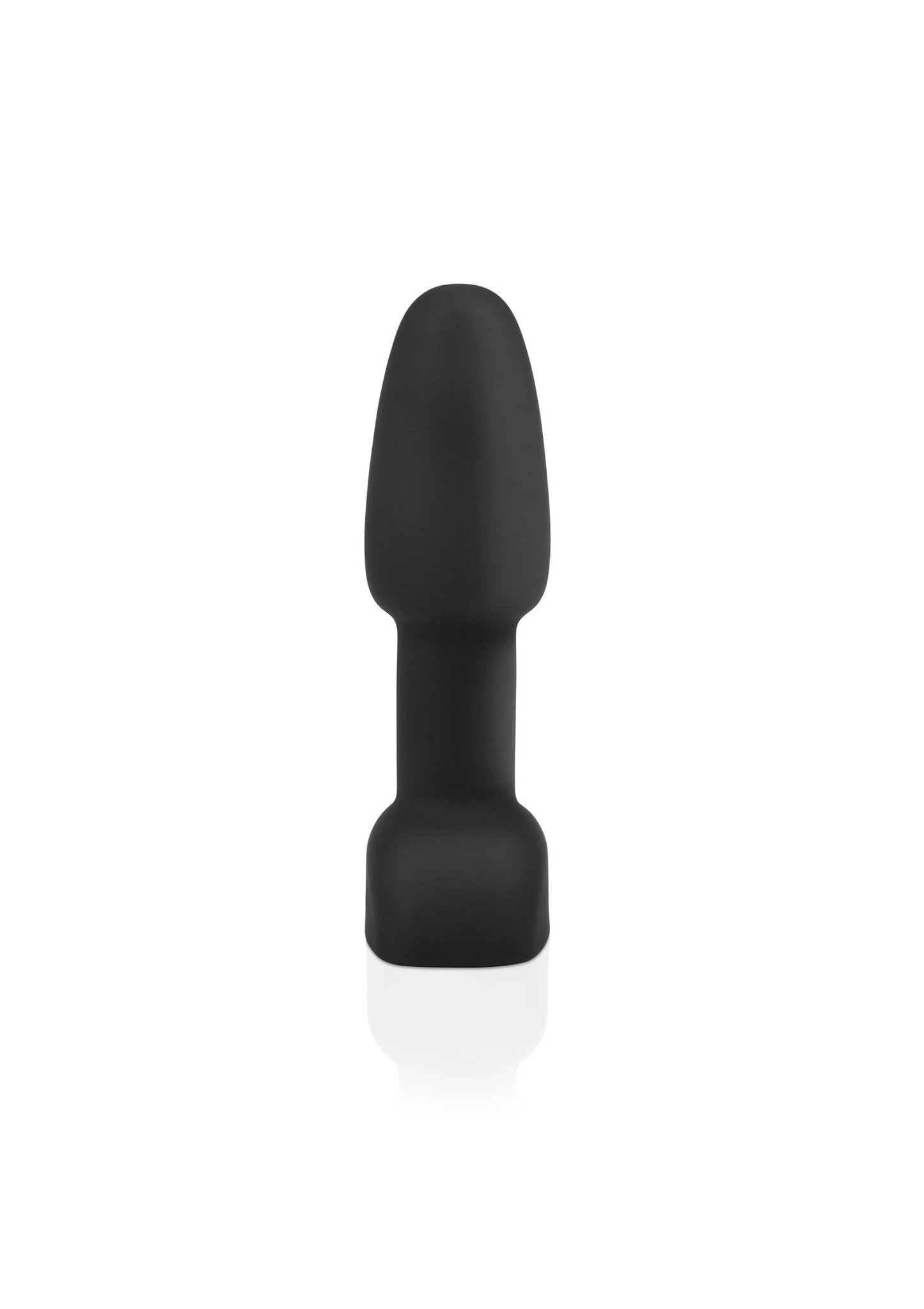 Zwarte compacte rimming-vibrator met taps toelopende plug en brede voet