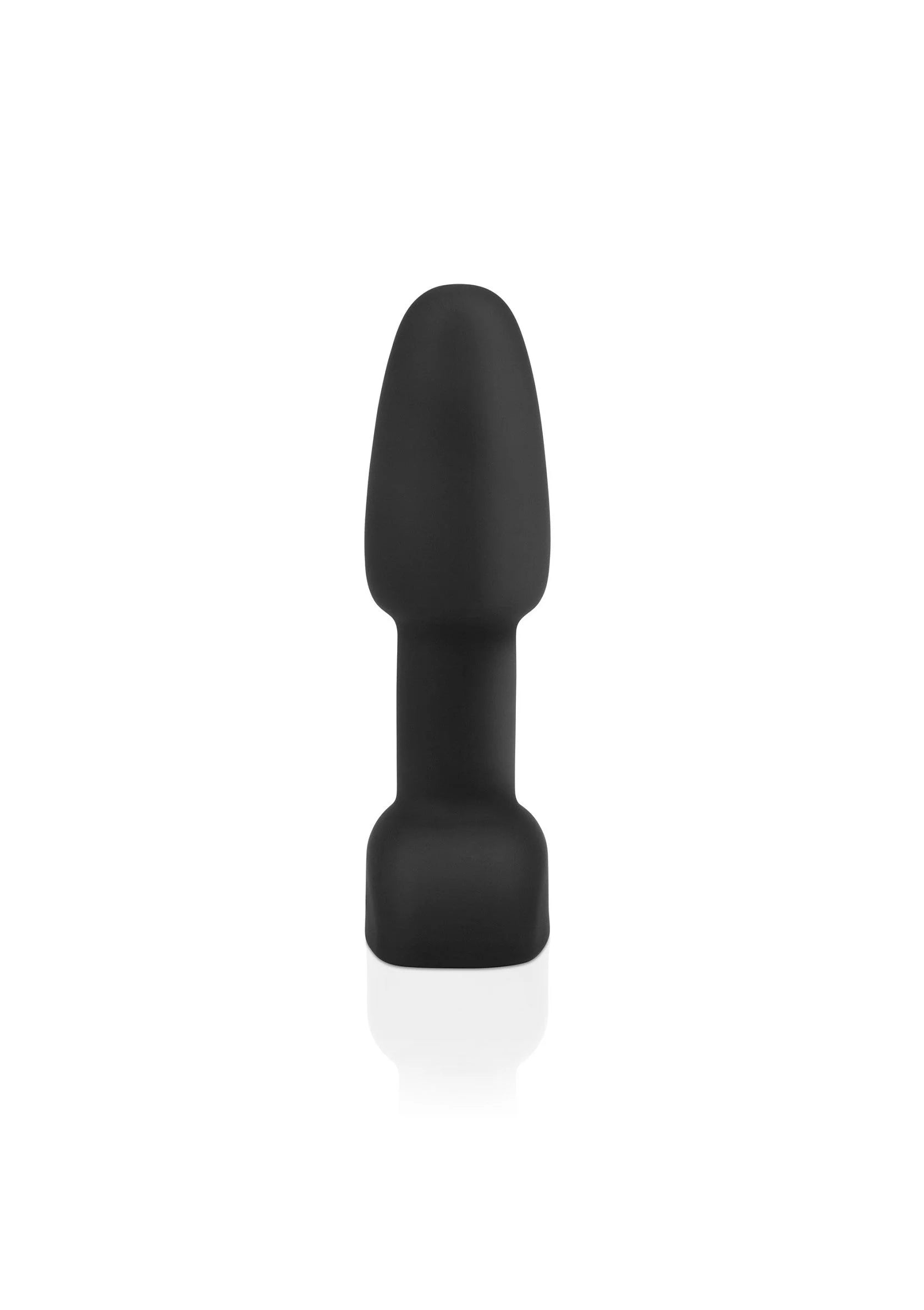Zwarte compacte rimming-vibrator met taps toelopende plug en brede voet