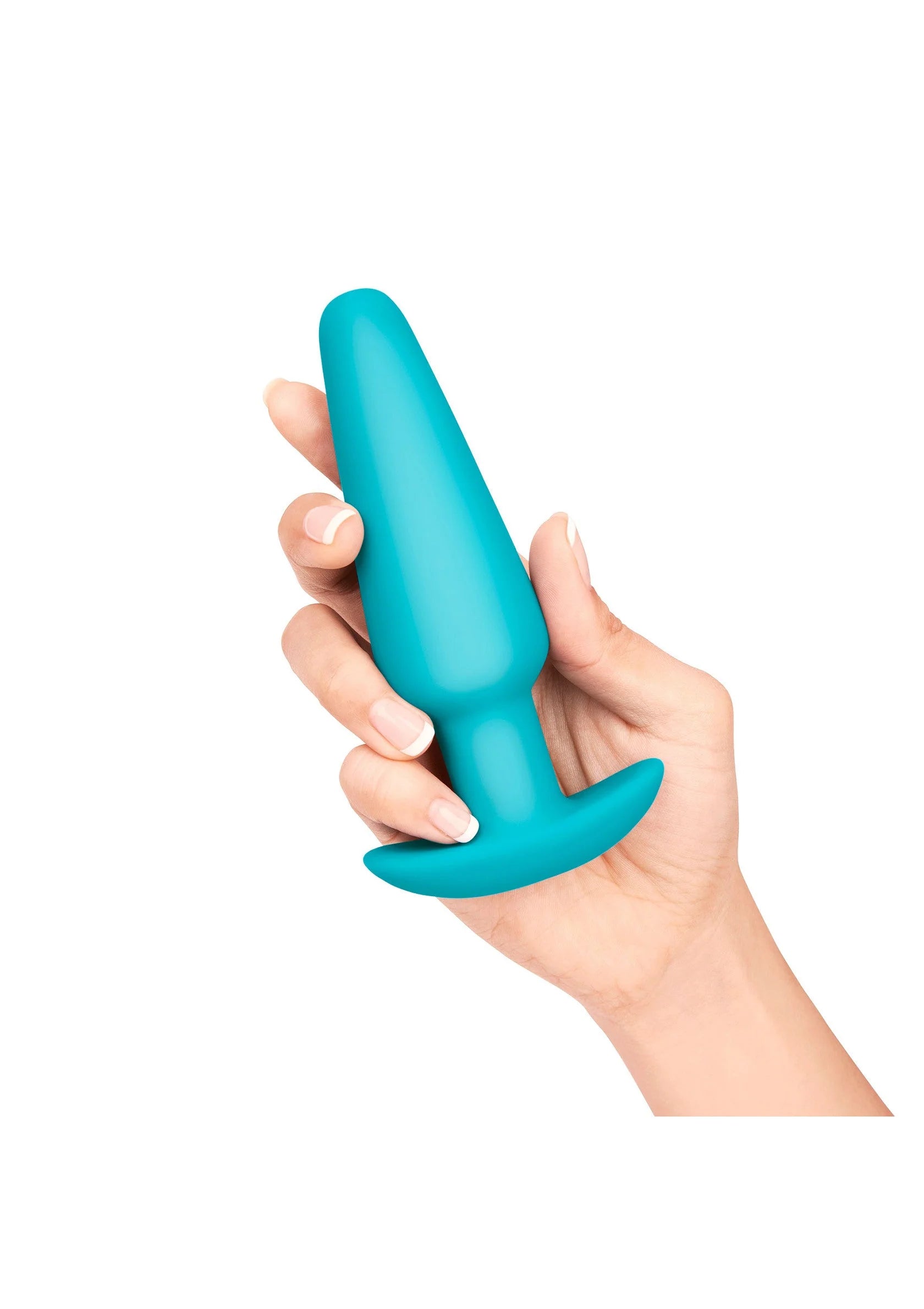 Turquoise anal plug met brede voet, hand houdt de plug omhoog