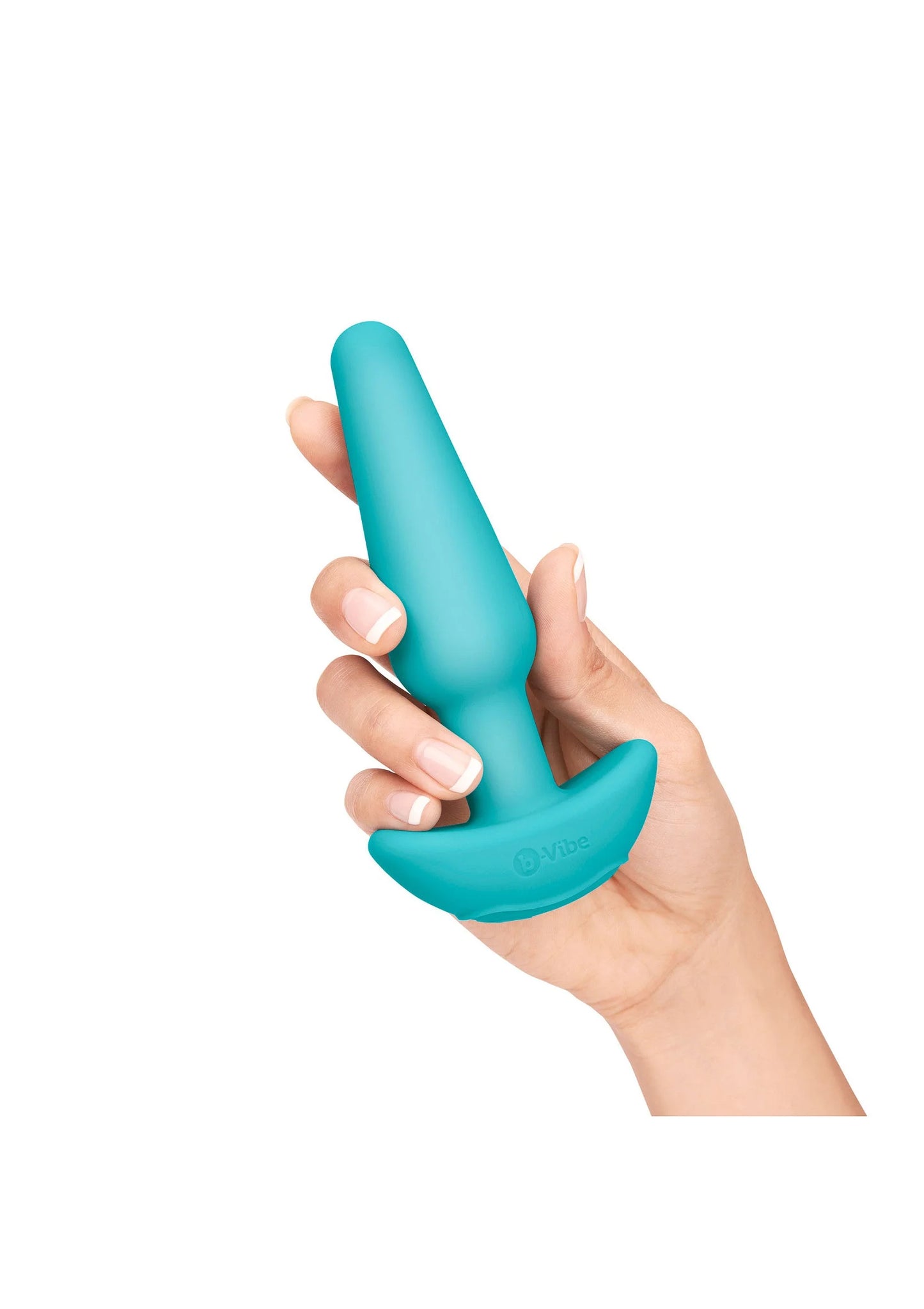 Turquoise anale plug met brede basis, vastgehouden in een hand