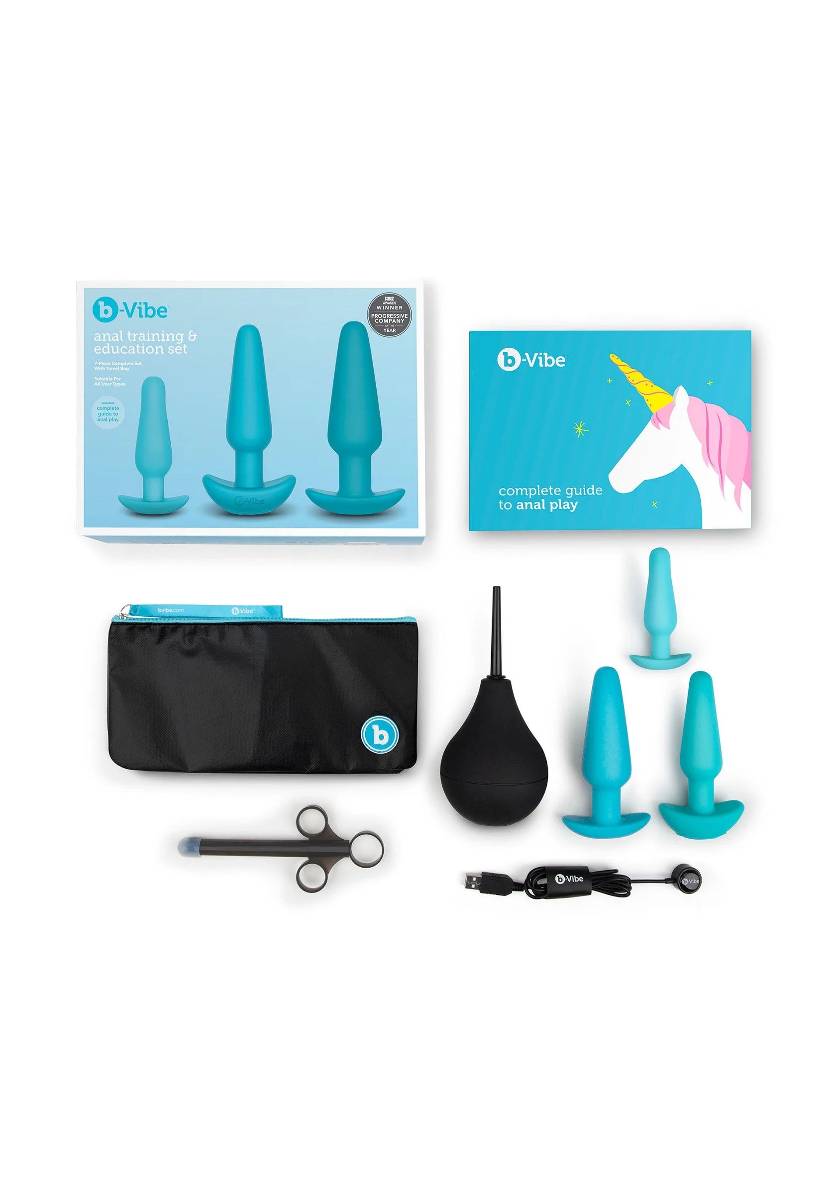 Anal edukatieset set met zwarte tools, opbergtas en drie turquoise plugs