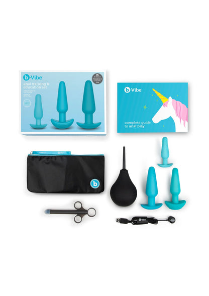 Anal edukatieset set met zwarte tools, opbergtas en drie turquoise plugs