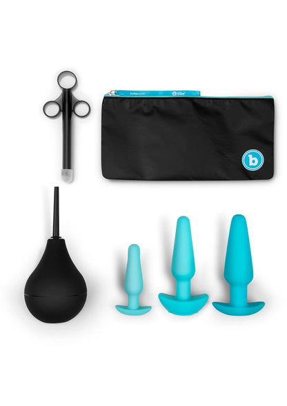 Anal edukatieset met zwart ballonvormig hulpmiddel, drie turquoise plugs en opbergtas
