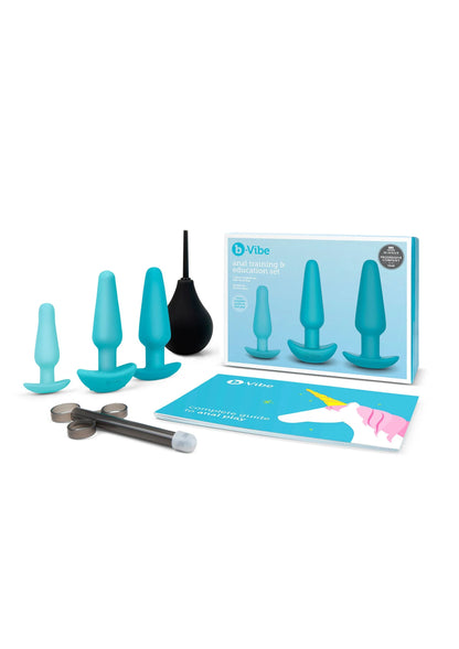 Anal edukatieset met meerdere turquoise plugs, zwarte ballon en bijbehorende accessoires