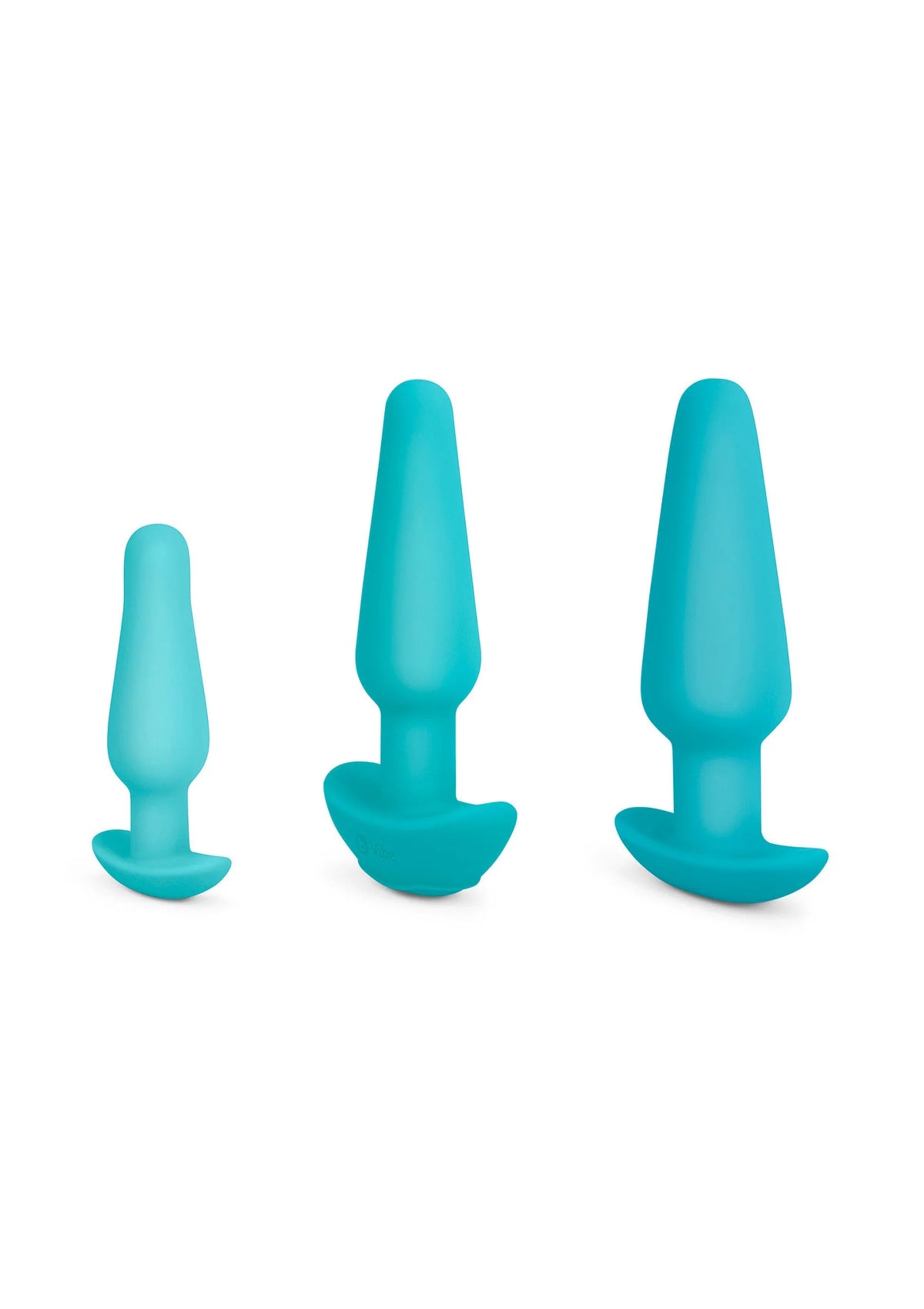 Drie turquoise anale plugs in oplopende maten met brede voet