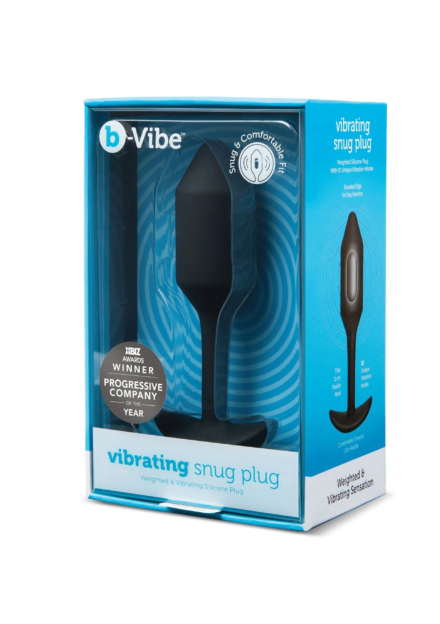 B-Vibe vibrerende snug plug verpakking, blauwe doos met productafbeelding
