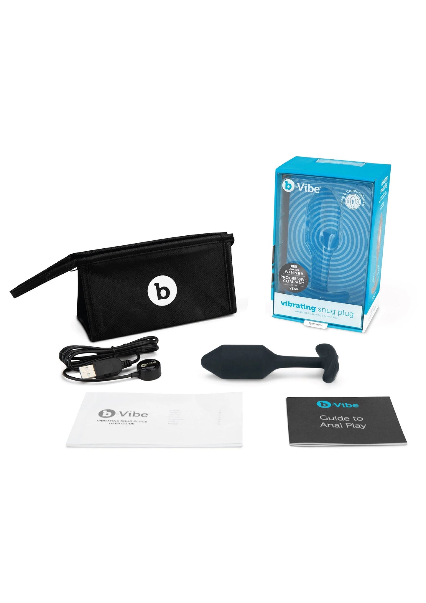 B-Vibe vibrerende snug plug set met draagzak, kabel en handleiding