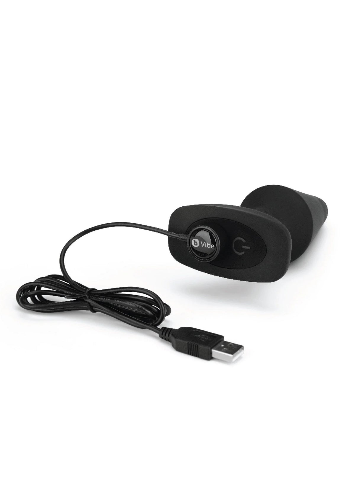 Zwarte rimming plug met afstandsbediening en USB-kabel opstelling.