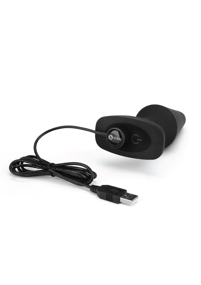 Zwarte rimming plug met afstandsbediening en USB-kabel opstelling.